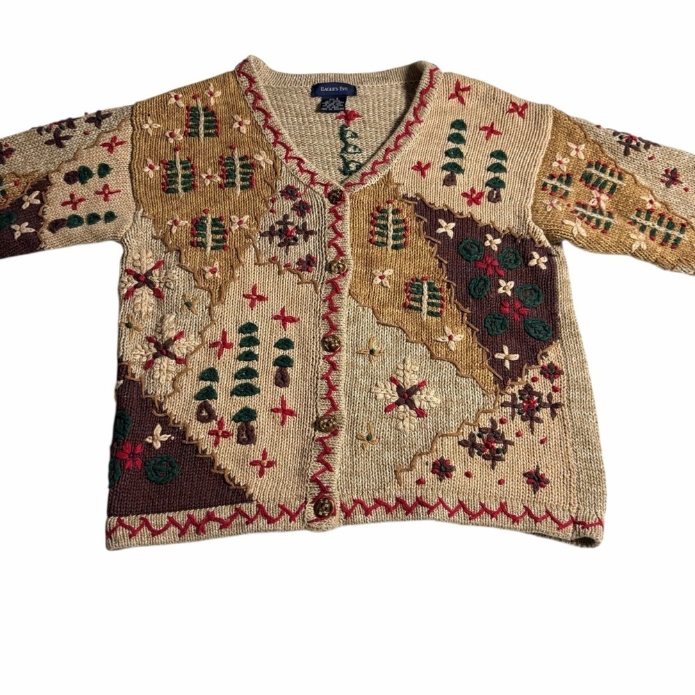 Vintage Eagle’s Eye Holiday Cardigan Sweater | 90s Hand Knit Embroidered | S